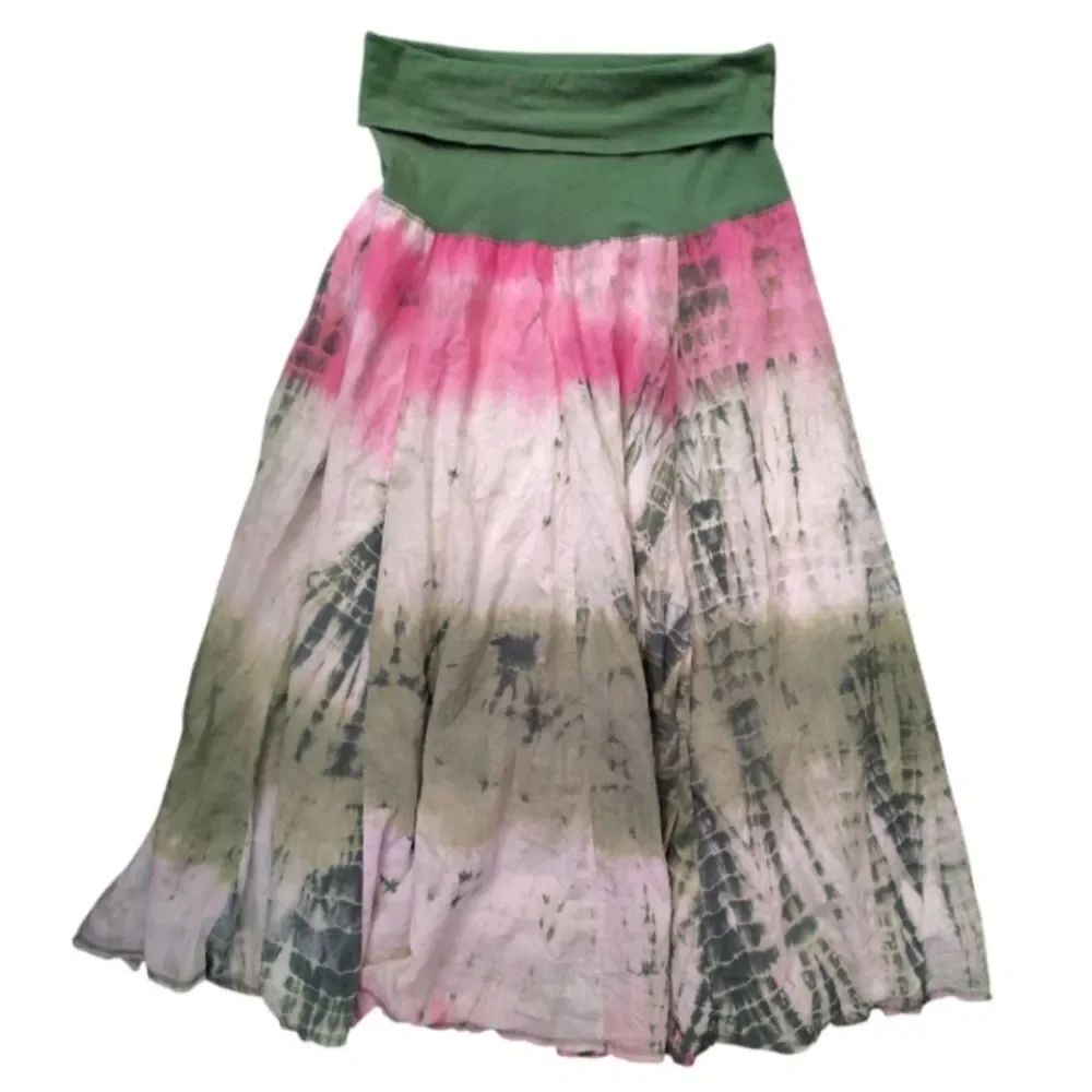 VTG Y2K Green Pink Tie Dye Fold Over Fairycore Gypsy Midi Skirt *Fits Like Large - Picture 2 of 9